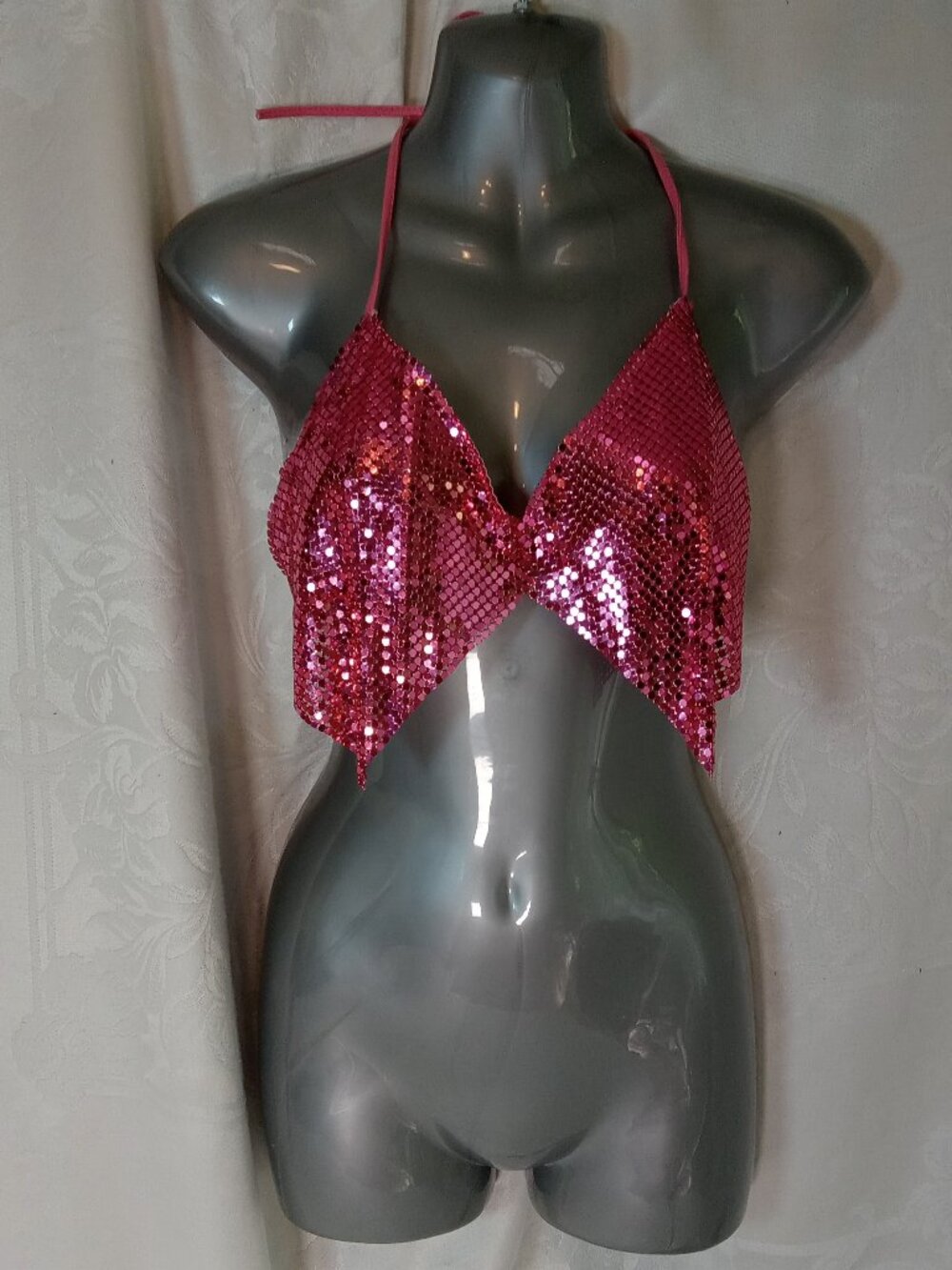Pink Chainmail Halter Crop Adjustable V-Neck Top Festival Urban Behavior Y2K
